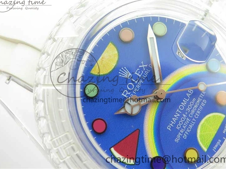 MiroTime 0123 Submariner Phantomlab Transparent KZF Best Edition Blue Fruit Dial on White Rubber Strap VR Classic 2563